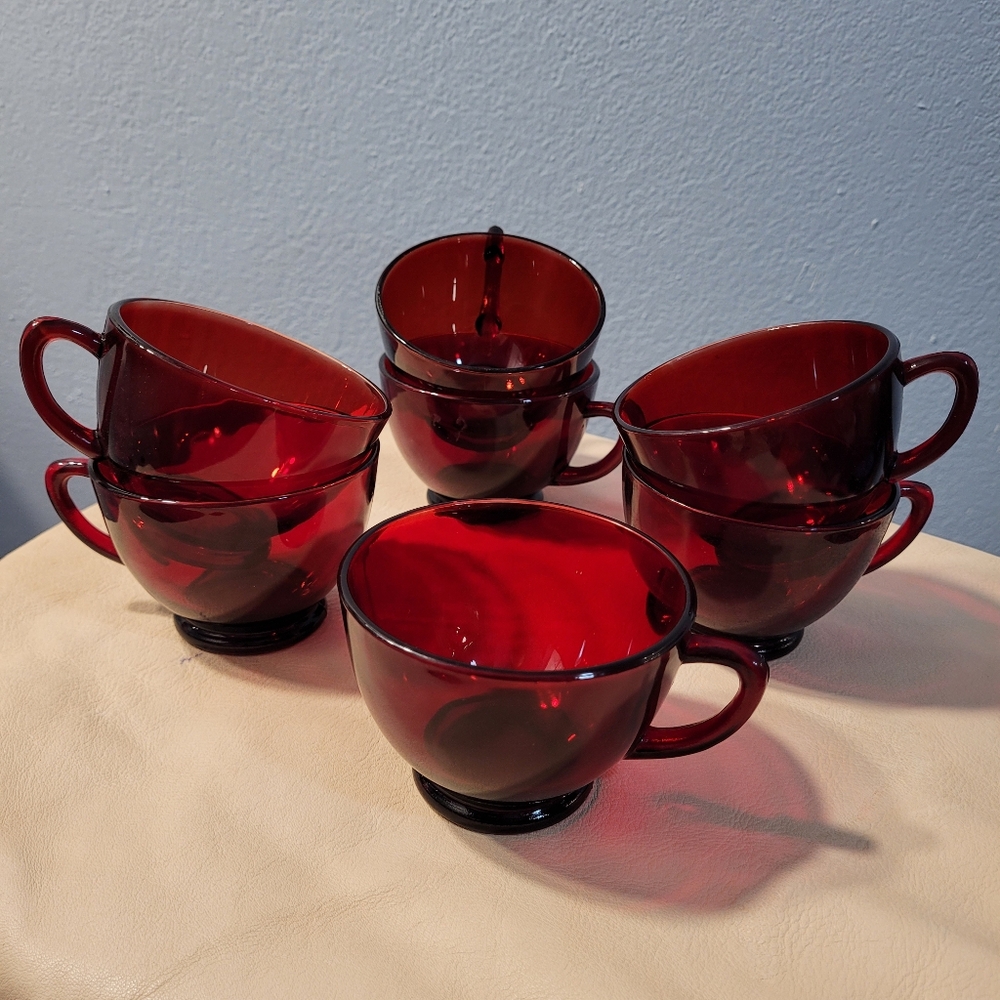 Vintage Ruby Red Anchor Hocking Glass Tea Cups Set Of 7
